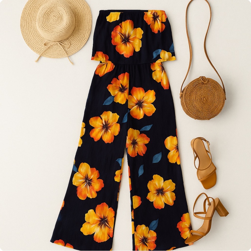 AKIRA Strapless Floral Jumpsuit - Navy and Orange - Picture 7 of 7